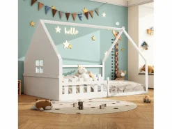 Cama casita infantil 140x200 cm con barandilla y barra tipo casa, madera de pino, (sin colchón)^Hauss Spole Hot