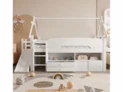 ModernLuxe Cama casita infantil 90x200 cm - con tobogán de seguridad - con 2 cajones - con barreras de seguridad - ​ (colchón no incluido) Blanco Sale