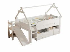 ModernLuxe Cama casita infantil 90x200 cm - con tobogán de seguridad - con 2 cajones - con barreras de seguridad - ​ (colchón no incluido) Blanco Sale