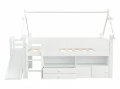 ModernLuxe Cama casita infantil 90x200 cm - con tobogán de seguridad - con 2 cajones - con barreras de seguridad - ​ (colchón no incluido) Blanco Sale