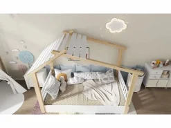 Cama casita infantil 90x190cm - con somier de láminas - diseño de cabaña de troncos - Madera maciza + MDF - Natural^ModernLuxe Discount