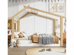 Cama casita infantil 90x190cm - con somier de láminas - diseño de cabaña de troncos - Madera maciza + MDF - Natural^ModernLuxe Discount