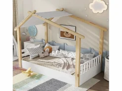 Cama casita infantil 90x190cm - con somier de láminas - diseño de cabaña de troncos - Madera maciza + MDF - Natural^ModernLuxe Discount