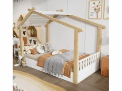 Cama casita infantil 90x190cm - con somier de láminas - diseño de cabaña de troncos - Madera maciza + MDF - Natural^ModernLuxe Discount