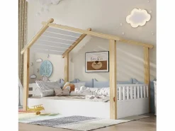 Cama casita infantil 90x190cm - con somier de láminas - diseño de cabaña de troncos - Madera maciza + MDF - Natural^ModernLuxe Discount