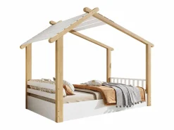 Cama casita infantil 90x190cm - con somier de láminas - diseño de cabaña de troncos - Madera maciza + MDF - Natural^ModernLuxe Discount