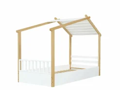 Cama casita infantil 90x190cm - con somier de láminas - diseño de cabaña de troncos - Madera maciza + MDF - Natural^ModernLuxe Discount
