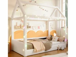 ModernLuxe Cama casita 90x200cm - con tira de luz LED - Diseño de techo - MDF - (colchón no incluido) Beige Outlet