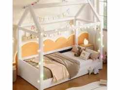 ModernLuxe Cama casita 90x200cm - con tira de luz LED - Diseño de techo - MDF - (colchón no incluido) Beige Outlet