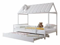 Cama Montessori|Cama casita 120x200cm con cama nido 120x190cm, Cama infantil con techo, chimenea, parrilla por 3 lados, pino + MDF,