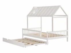 Cama Montessori|Cama casita 120x200cm con cama nido 120x190cm, Cama infantil con techo, chimenea, parrilla por 3 lados, pino + MDF,