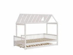Cama Montessori|Cama casita 120x200cm con cama nido 120x190cm, Cama infantil con techo, chimenea, parrilla por 3 lados, pino + MDF,