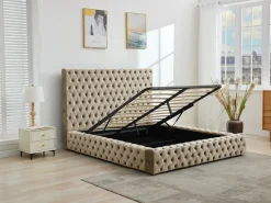 Cama Chesterfield Queen Size con almacenaje en terciopelo gris + colchón - DULENI^Vente-unique Best