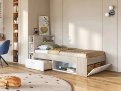 Vente-unique Cama Con Almacenaje|Cama Infantil|Cama compartimentos 90 x 190 cm Color: blanco y natural con colchón. LEANDRE