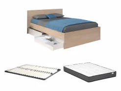 Cama con 2 cajones 140 x 190 cm natural y blanco brillante + somier + colchón - VELONA^Vente-unique