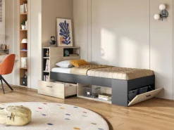 Vente-unique Cama con almacenaje 90 x 190 cm Color: natural y antracita con colchón. LEANDRE Gris antracita / Color natural claro Outlet