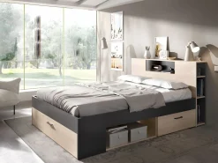 Vente-unique Cama Con Almacenaje|Cama Adulto|Cama con almacenaje 140 x 190 cm, colores: natural y antracita + somier de láminas - LEANDRE