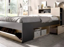 Vente-unique Cama Con Almacenaje|Cama Adulto|Cama con almacenaje 140 x 190 cm, colores: natural y antracita + somier de láminas - LEANDRE