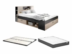 Vente-unique Cama con almacenaje 140 x 190 cm natural y antracita + somier + colchón - LEANDRE Gris antracita / Color natural claro Clearance