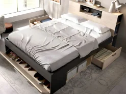 Vente-unique Cama con almacenaje 140 x 190 cm natural y antracita + somier + colchón - LEANDRE Gris antracita / Color natural claro Clearance