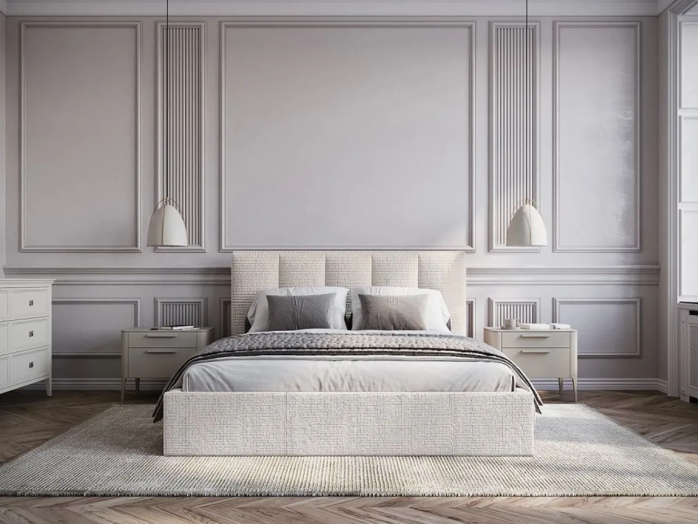 Vente-unique Cama con almacenaje de 160 x 200 cm con cabecero con costuras verticales tela - KILACLO Beige Hot