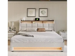 Cama con almacenaje de lino 180x200 cm con LED y puertos USB - somier -^ModernLuxe Discount