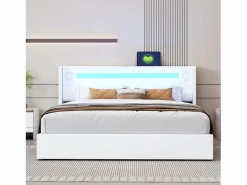 Cama Con Canapé|Cama Con Almacenaje|Cama con almacenaje 160x200 cm - Cama doble con USB, luz LED y reproductor Bluetooth - PU - sin colchón