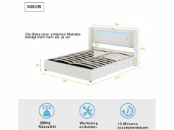 Cama Con Canapé|Cama Con Almacenaje|Cama con almacenaje 160x200 cm - Cama doble con USB, luz LED y reproductor Bluetooth - PU - sin colchón