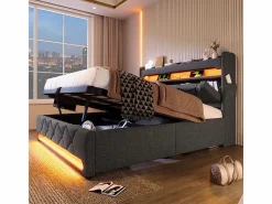 Cama con almacenaje 160x200 cm en lino , con LED, cabecero con almacenamiento con USB y puerto Type C^DripeX Outlet