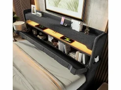 Cama con almacenaje 160x200 cm en lino , con LED, cabecero con almacenamiento con USB y puerto Type C^DripeX Outlet