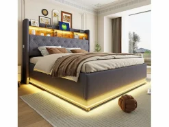 Hauss Spole Cama con almacenaje 180x200 cm para adultos con LED y USB Tipo-C, lino , sin colchón Gris Clearance