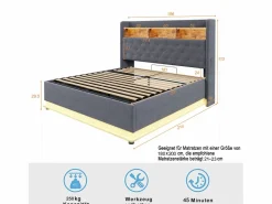 Hauss Spole Cama con almacenaje 180x200 cm para adultos con LED y USB Tipo-C, lino , sin colchón Gris Clearance
