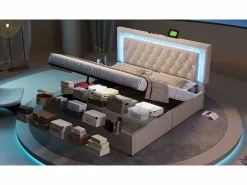 ModernLuxe Cama con almacenamiento acolchada 180x200cm en terciopelo - con iluminación LED - con puertos USB y Tipo-C - con somier de láminas - (sin colchón) Beige Sale