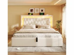 ModernLuxe Cama con almacenamiento acolchada 180x200cm en terciopelo - con iluminación LED - con puertos USB y Tipo-C - con somier de láminas - (sin colchón) Beige Sale