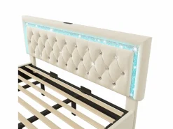 ModernLuxe Cama con almacenamiento acolchada 180x200cm en terciopelo - con iluminación LED - con puertos USB y Tipo-C - con somier de láminas - (sin colchón) Beige Sale