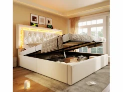 ModernLuxe Cama con almacenamiento acolchada 140x200cm en terciopelo - con iluminación LED - con puertos USB y Tipo-C - con somier de láminas - (sin colchón) Beige Online