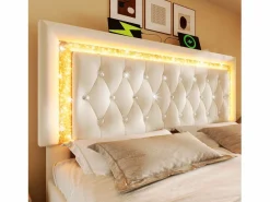 ModernLuxe Cama con almacenamiento acolchada 140x200cm en terciopelo - con iluminación LED - con puertos USB y Tipo-C - con somier de láminas - (sin colchón) Beige Online