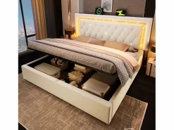 ModernLuxe Cama con almacenamiento acolchada 140x200cm en terciopelo - con iluminación LED - con puertos USB y Tipo-C - con somier de láminas - (sin colchón) Beige Online
