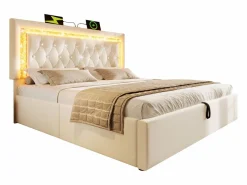 ModernLuxe Cama con almacenamiento acolchada 140x200cm en terciopelo - con iluminación LED - con puertos USB y Tipo-C - con somier de láminas - (sin colchón) Beige Online