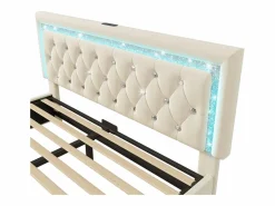 ModernLuxe Cama con almacenamiento acolchada 140x200cm en terciopelo - con iluminación LED - con puertos USB y Tipo-C - con somier de láminas - (sin colchón) Beige Online