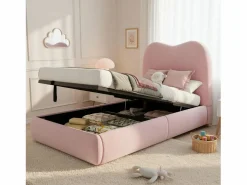 ModernLuxe Cama con almacenamiento infantil 90x200 cm - con cabecero acolchado - Revestimiento de terciopelo - (colchón no incluido) Rosa Sale