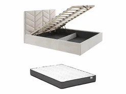 Vente-unique Cama Con Canapé|Cama Con Almacenaje|Cama con arcón king size 200 x 200 cm en tejido texturado + colchón - JUSTANI