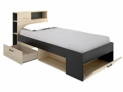 Vente-unique Cama con cabecero con compartimentos 90 x 190 antracita y natural con somier - LEANDRE Gris antracita / Color natural claro Discount