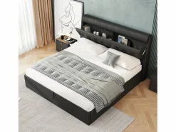 Merax Cama Con Canapé|Cama Adulto|Cama con cabecero de 140 x 200 cm con canapé abatible - LED - Piel sintética - Color (sin colchón)