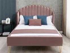 Vente-unique Cama Terciopelo|Cama con cabecero ondulado 140 x 190 cm Terciopelo rosa charme vintage SAGALI