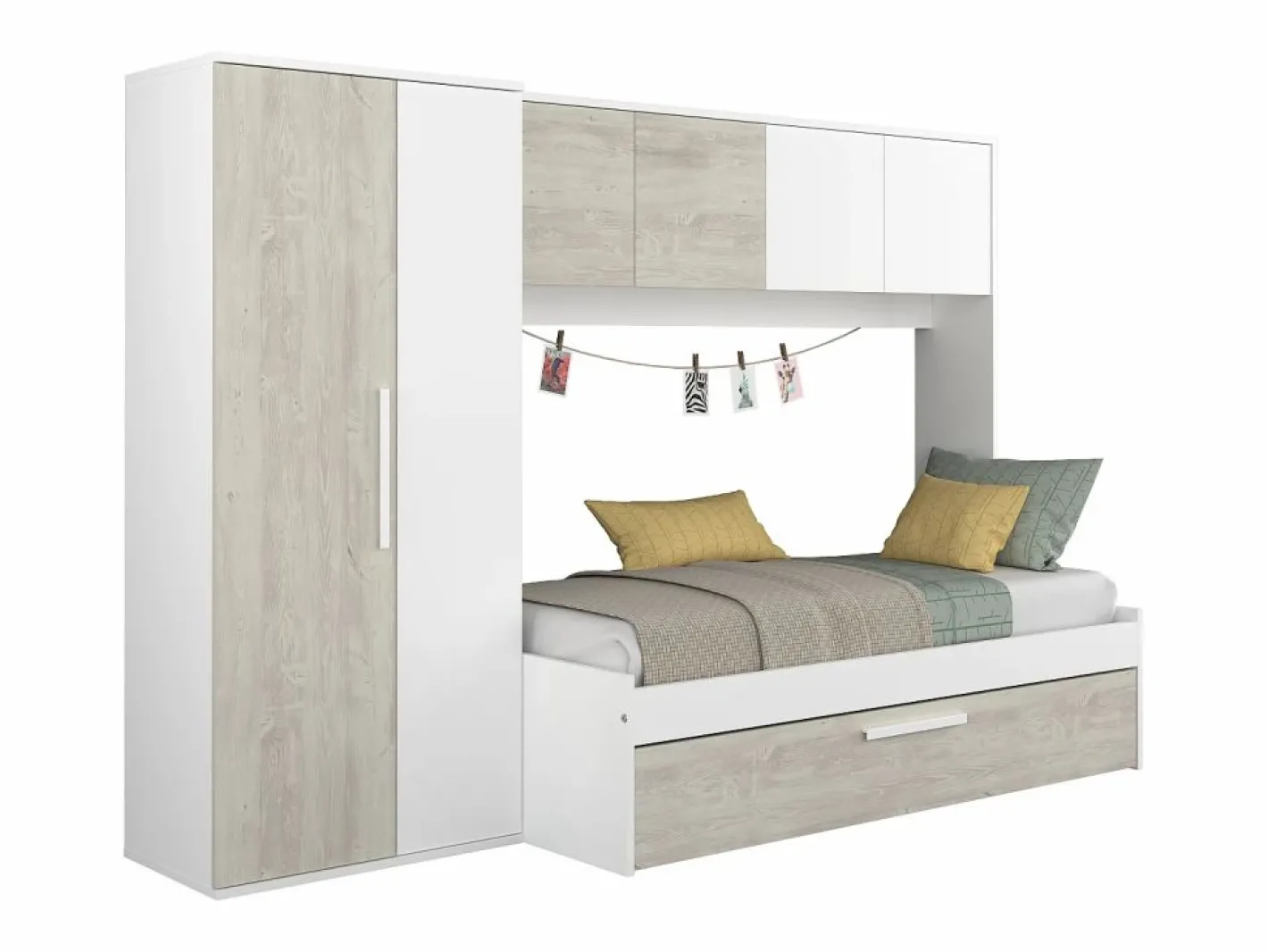 Vente-unique Cama con cajón nido 2 x 90 x 200 con armario blanco y natural - LUMOKA Color natural claro / Blanco Sale