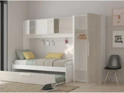 Vente-unique Cama con cajón nido 2 x 90 x 200 con armario blanco y natural - LUMOKA Color natural claro / Blanco Sale