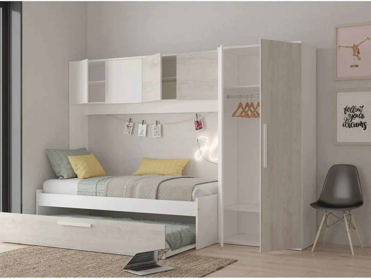 Vente-unique Cama con cajón nido 2 x 90 x 200 con armario blanco y natural - LUMOKA Color natural claro / Blanco Sale