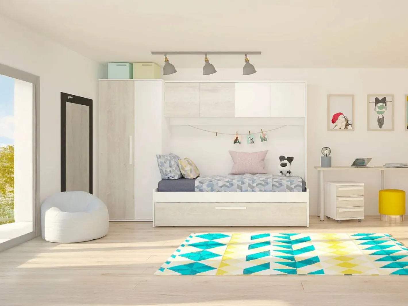 Vente-unique Cama con cajón nido 2 x 90 x 200 con armario blanco y natural - LUMOKA Color natural claro / Blanco Sale