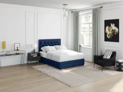 Vente-unique Cama Terciopelo|Cama con cajones en terciopelo azul 160 x 200 cm + colchón LEOPOLD